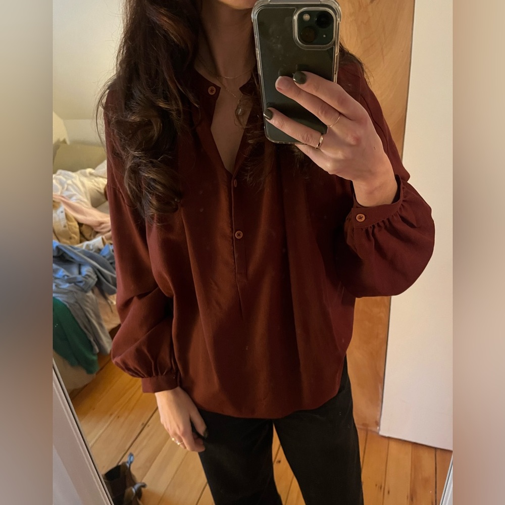 GRAVEL AND GOLD Oversized semi sheer wool gauze blouse top maroon sz 1 or small